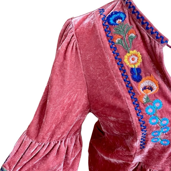 Floryday Blush Pink Velvet Embroidered Blouse Medium | Boho Tassel Tie Top - Picture 5 of 15